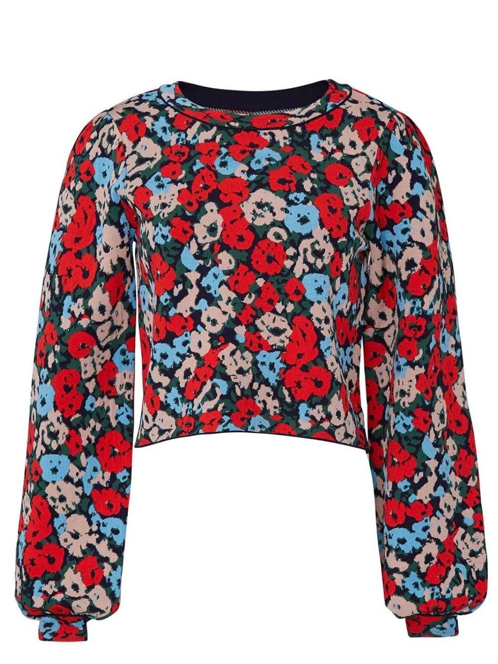 Milly Red Blue Floral Long-Sleeve Crewneck Top - Picture 2 of 7